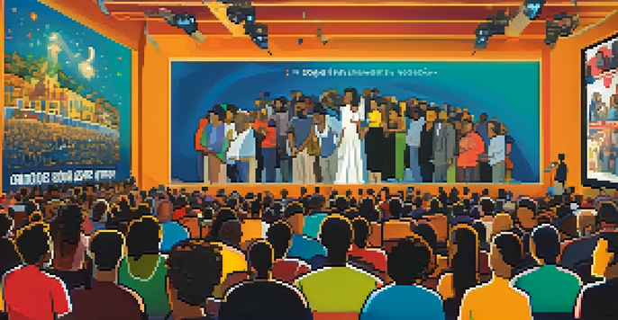 A lively film festival scene with diverse filmmakers and audiences discussing social justice themes, colorful banners, and a large screen displaying a film.