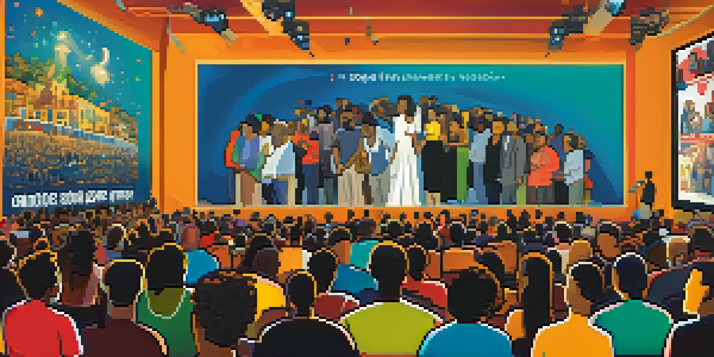 A lively film festival scene with diverse filmmakers and audiences discussing social justice themes, colorful banners, and a large screen displaying a film.