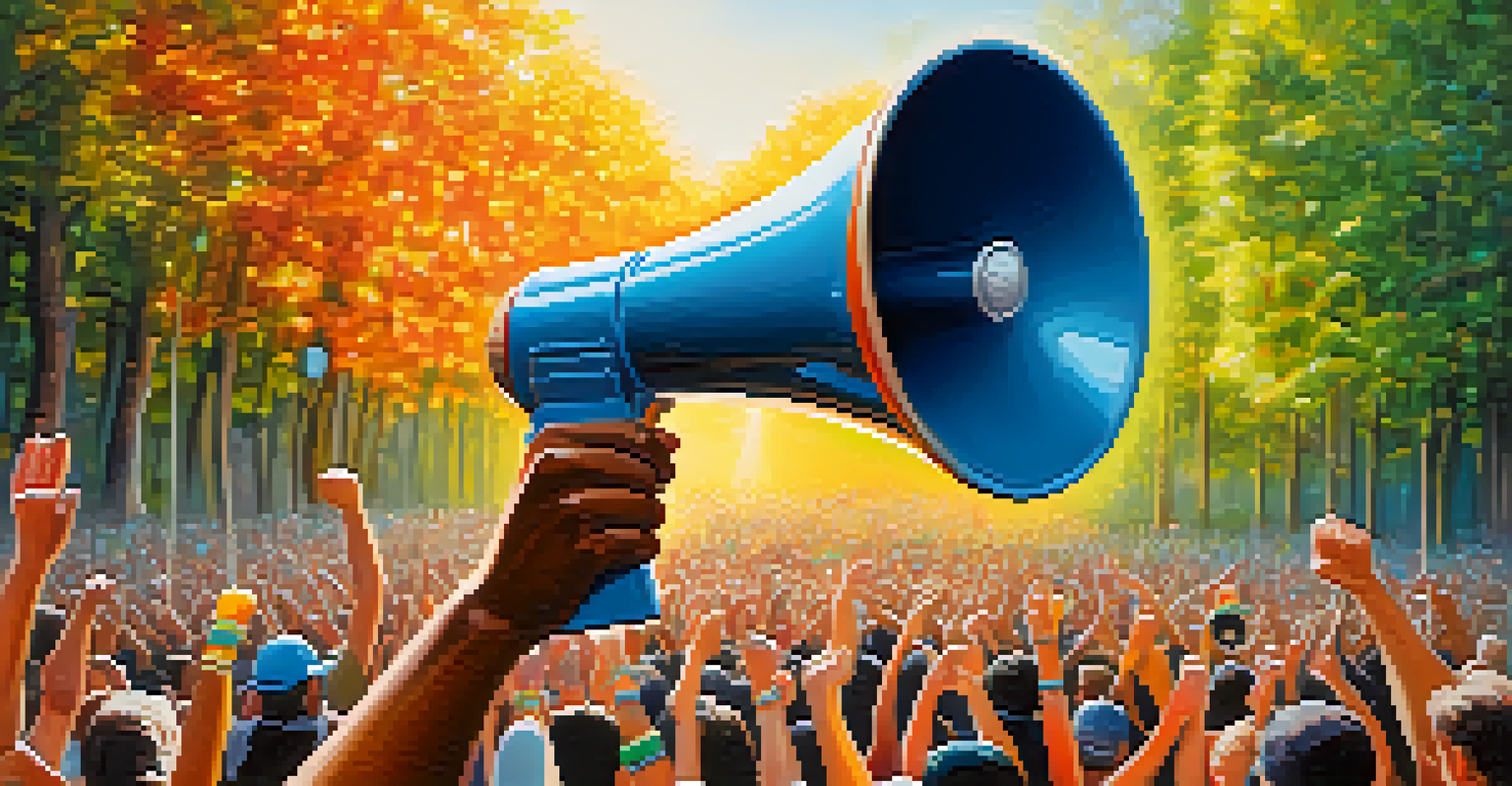 A close-up of a hand holding a megaphone with a crowd blurred in the background.