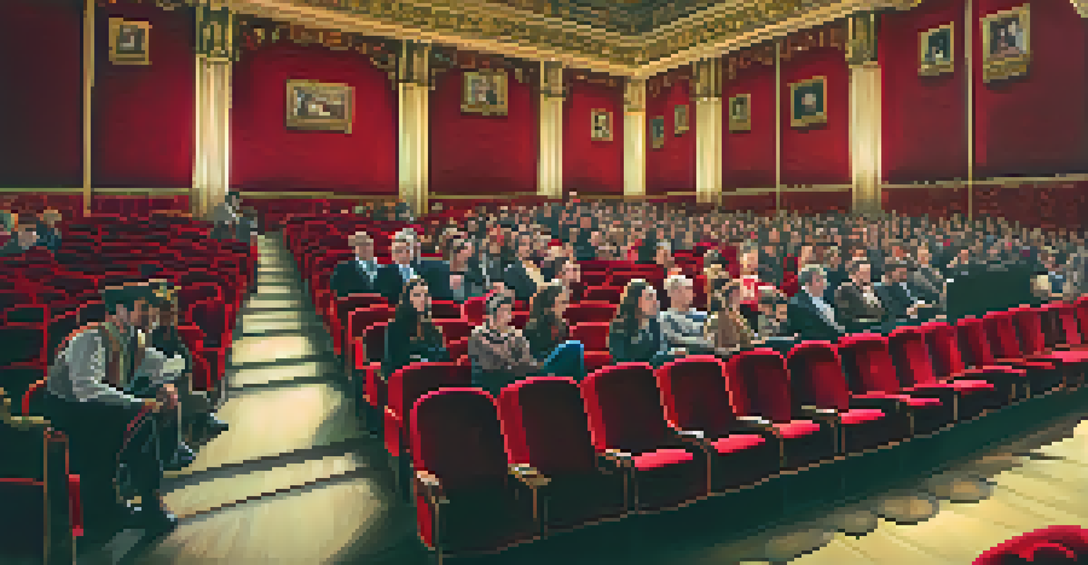 An audience in a theater watching a historical film, with bright images on the screen and contrasting audience reactions.
