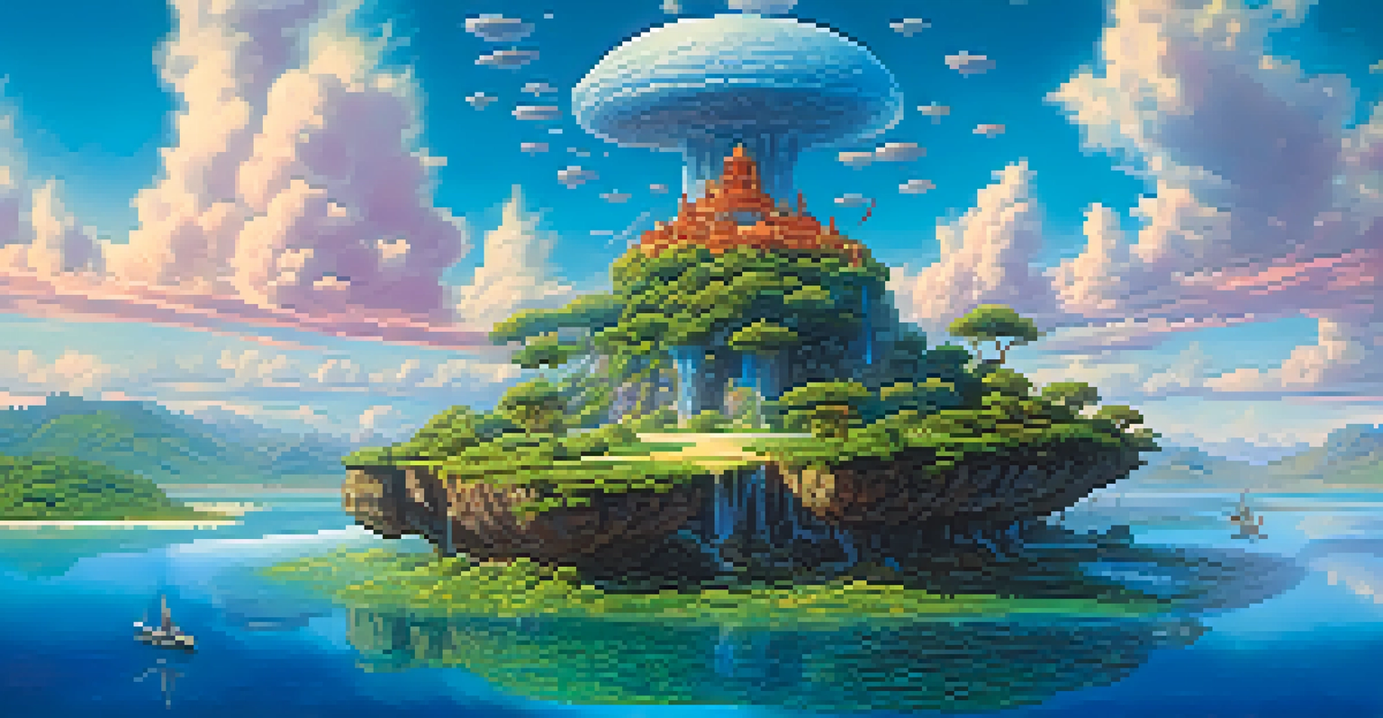 A surreal landscape with floating islands and fantastical creatures in a vibrant sky.