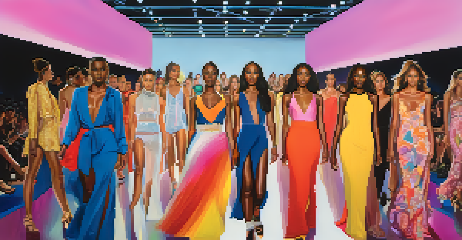 Diverse models walk down a brightly lit fashion runway, showcasing unique designs from a celebrity collaboration, with an engaged audience in the background.