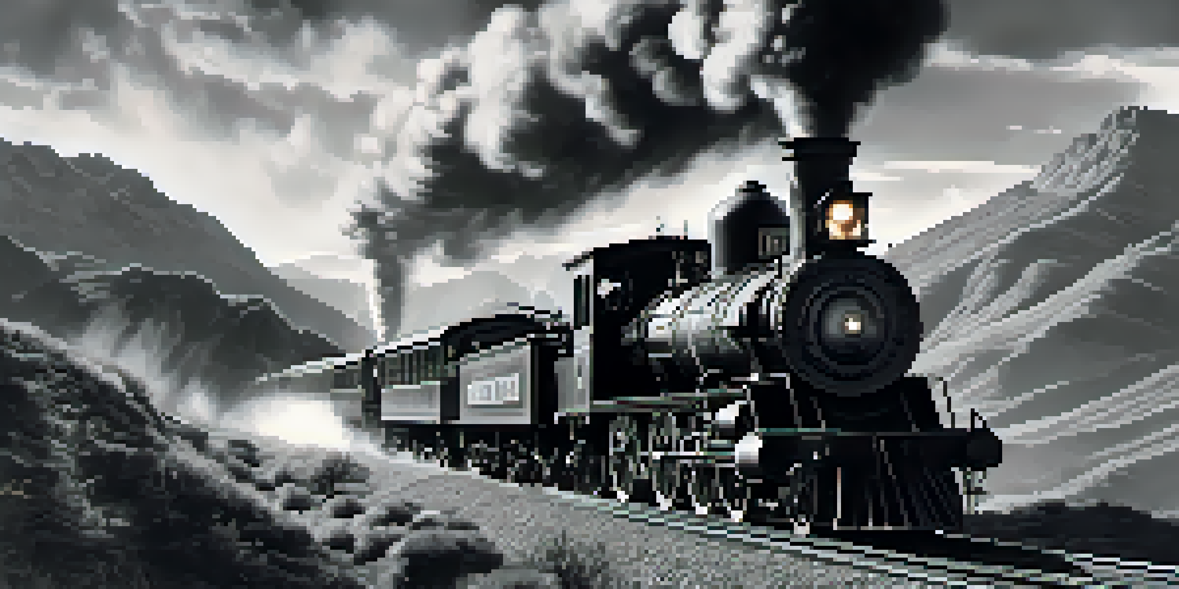 A black and white vintage scene depicting a silent film set with a train robbery, actors in period costumes, and a dramatic landscape.