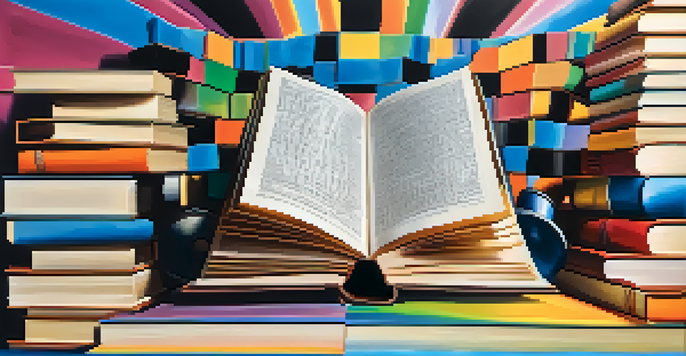 A visual metaphor of a stack of books transforming into a film reel, illustrating the adaptation from literature to cinema.