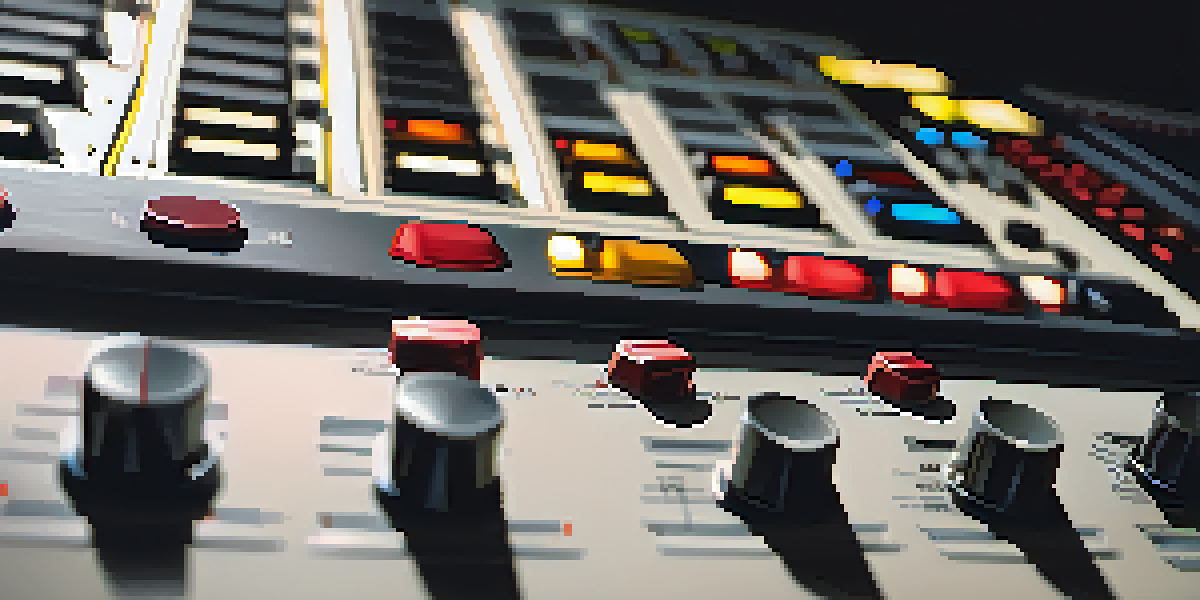 A close-up view of a sound mixing console with illuminated sliders and knobs in a dark studio.