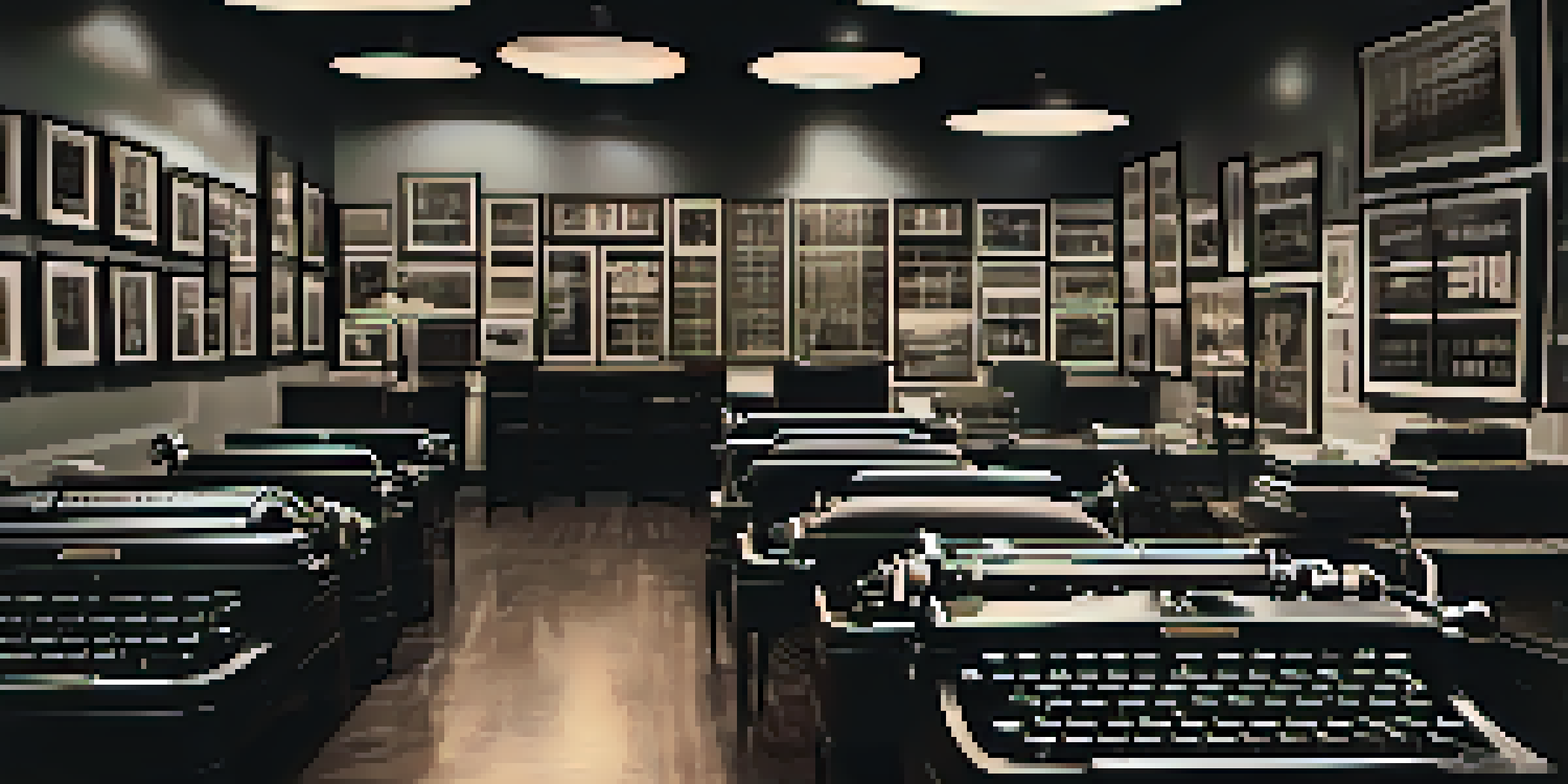 A vintage Hollywood screenwriting room with typewriters and scripts, illuminated by a warm desk lamp.