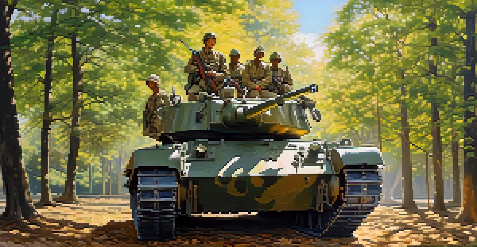 Diverse soldiers sharing stories on a tank with sunlight filtering through trees, showcasing camaraderie.