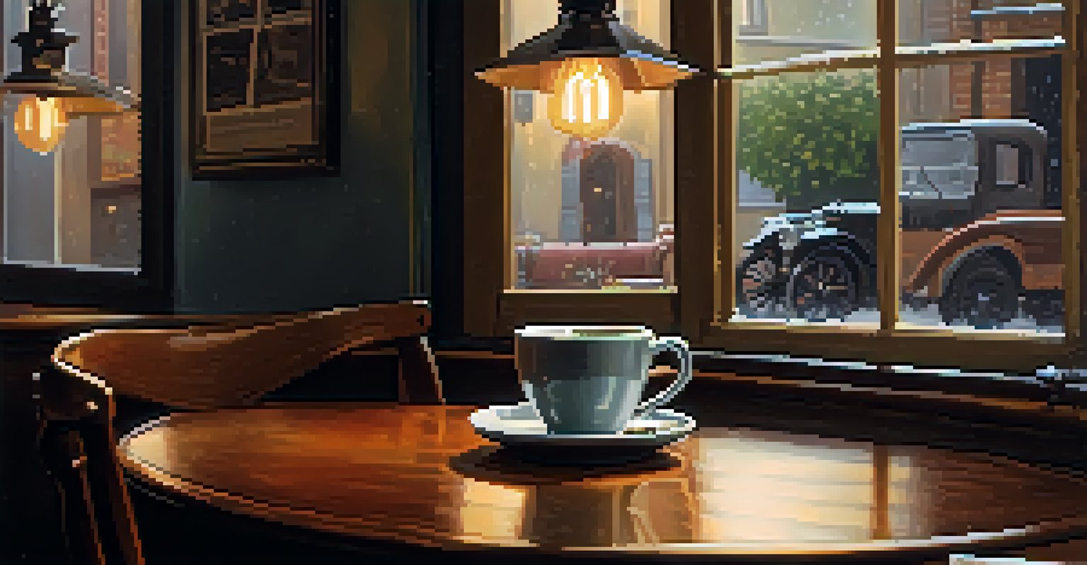 A cozy coffee shop corner with a steaming cup of coffee and an open book beside a window with rain outside.