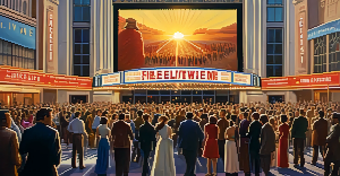 A lively film festival scene with crowds and a grand theater, illuminated by sunset.