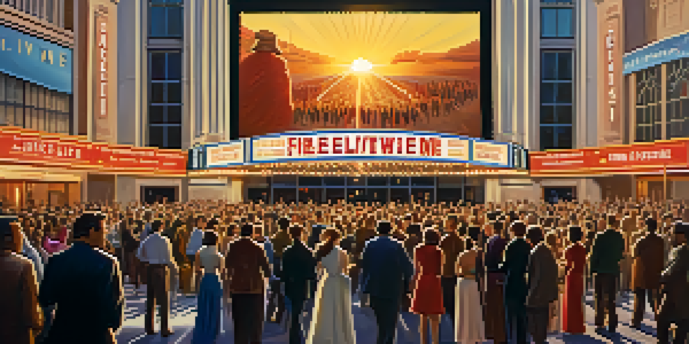 A lively film festival scene with crowds and a grand theater, illuminated by sunset.