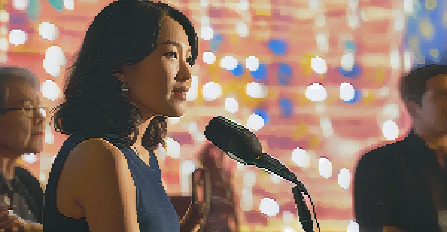 A passionate female filmmaker presenting her film during a Q&A session at a festival, with an attentive audience in the background.