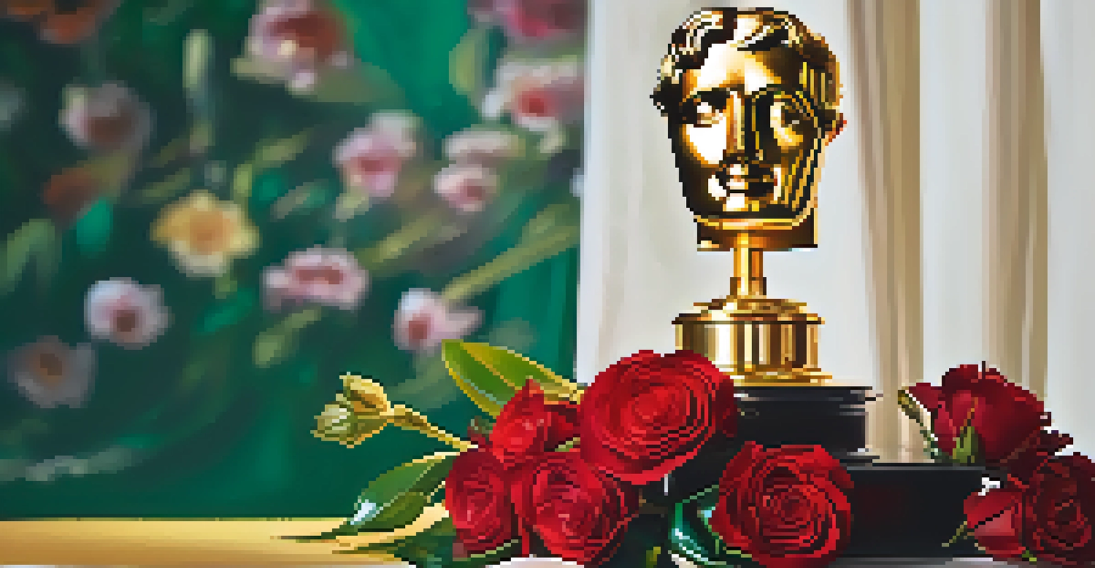 A close-up of a BAFTA award on a table, illuminated by soft spotlight, surrounded by film reels and flowers.
