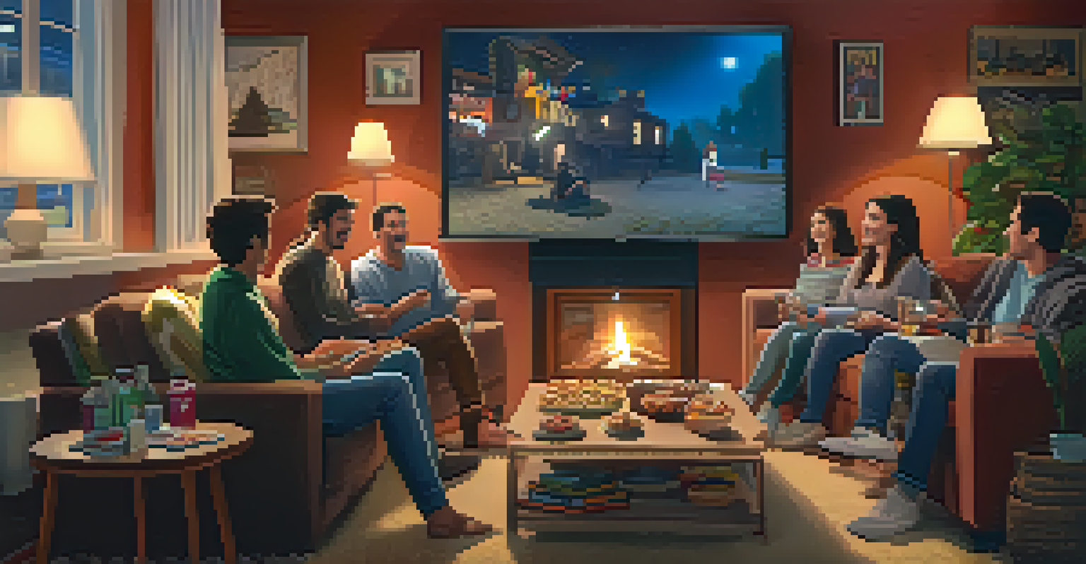 Friends gathered in a living room for a movie night, enjoying snacks and watching a film on a big screen.
