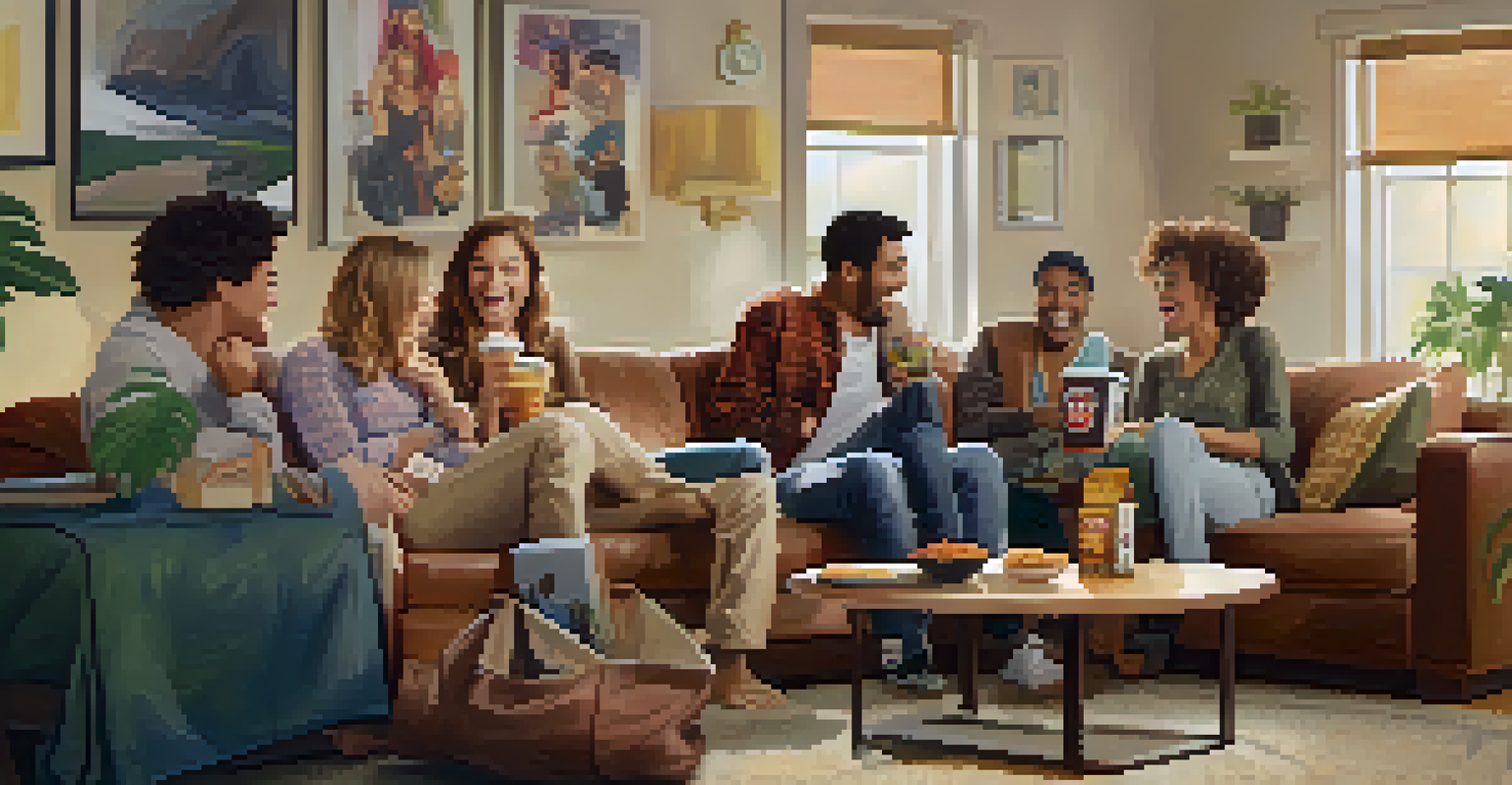 A group of friends enjoying a binge-watching session in a cozy living room, laughing and sharing snacks.