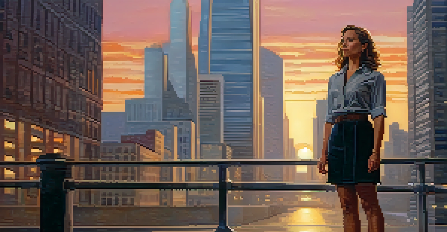 A strong female character standing confidently in a cityscape during sunset, wearing a modern outfit with a determined expression.