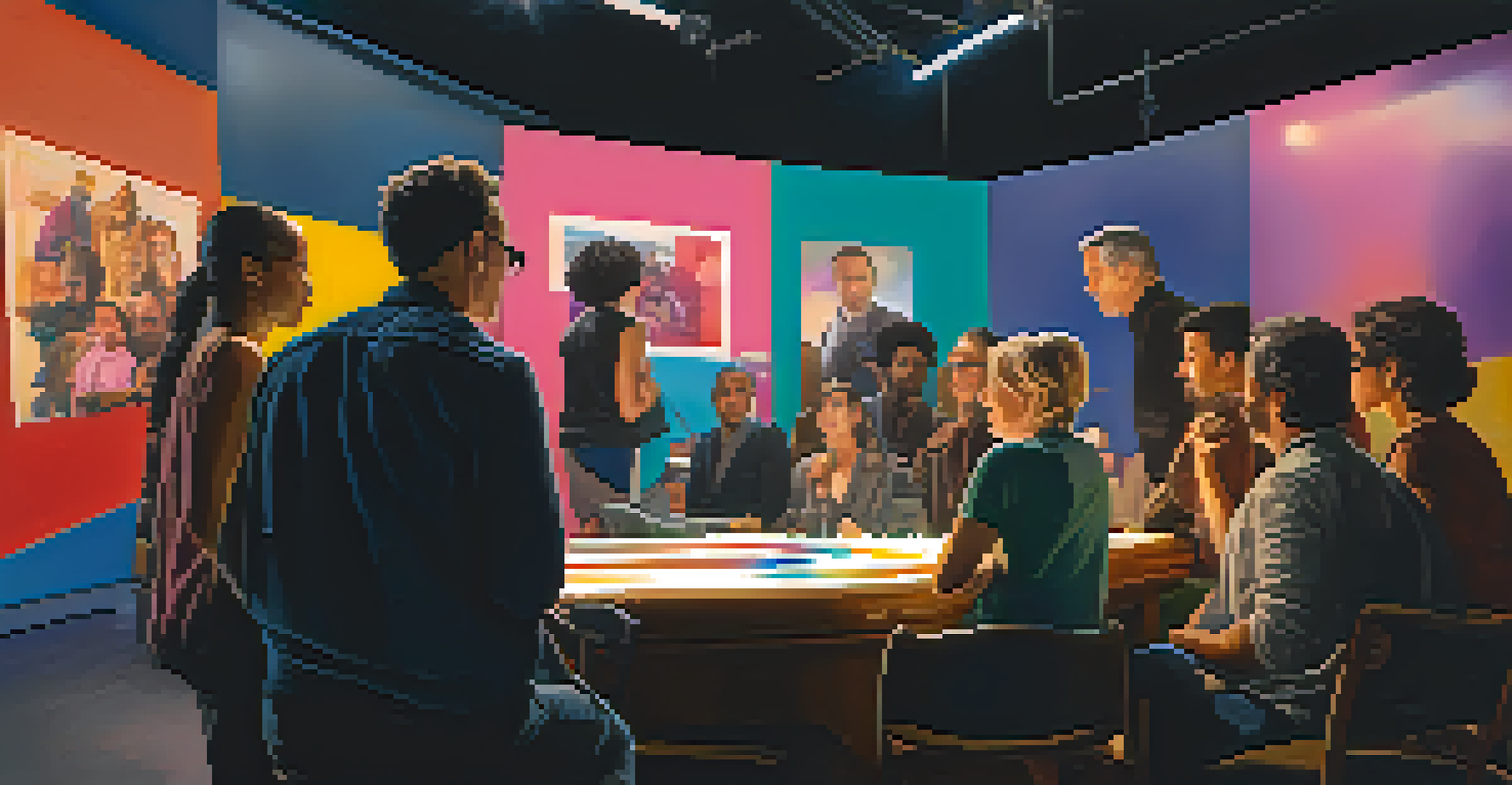 A modern film director engaging with a diverse cast of actors on a vibrant film set, emphasizing collaboration and creativity.