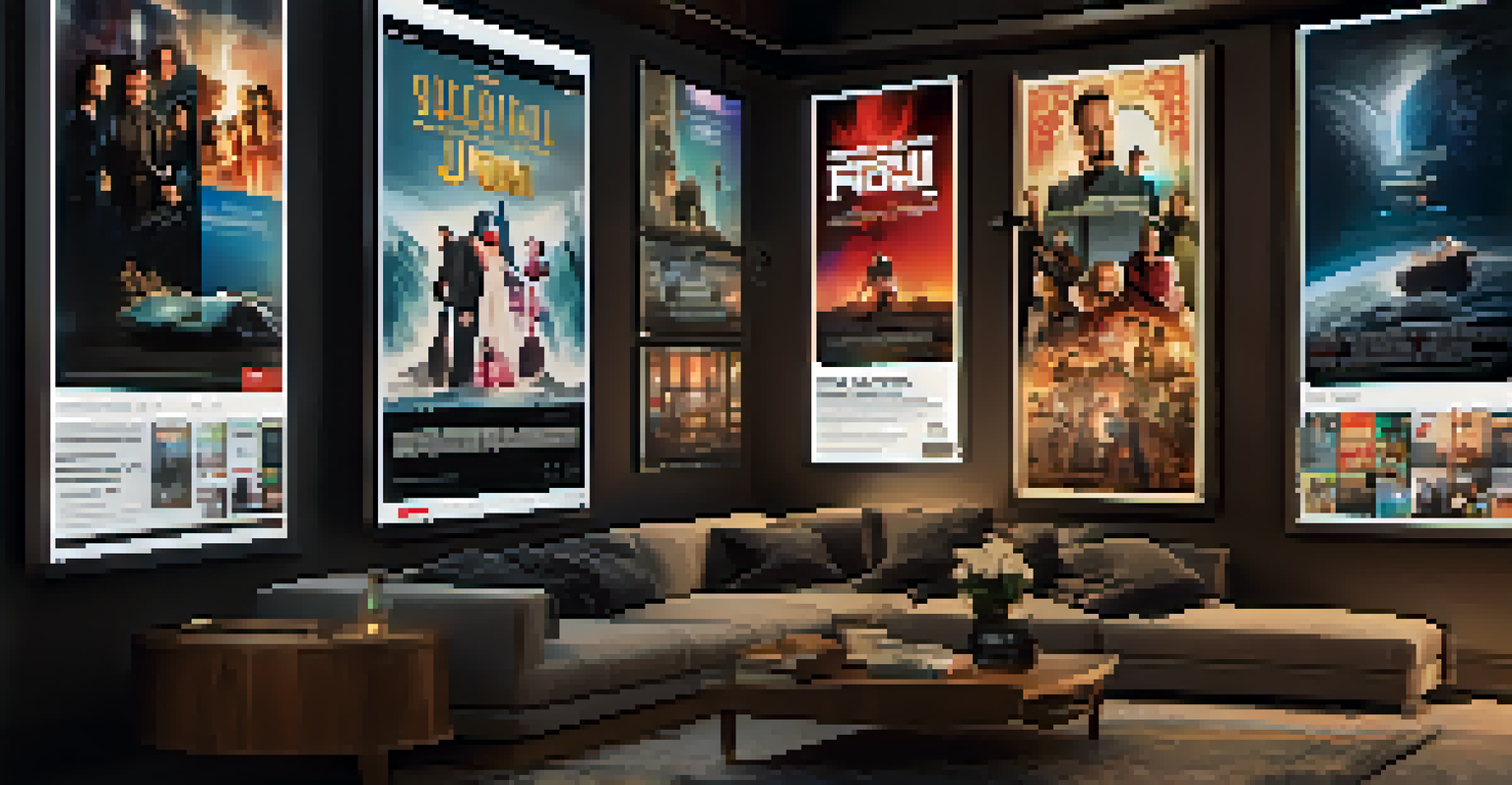 A modern interface of a streaming platform featuring international film posters, set in a dimly lit room with ambient lighting.