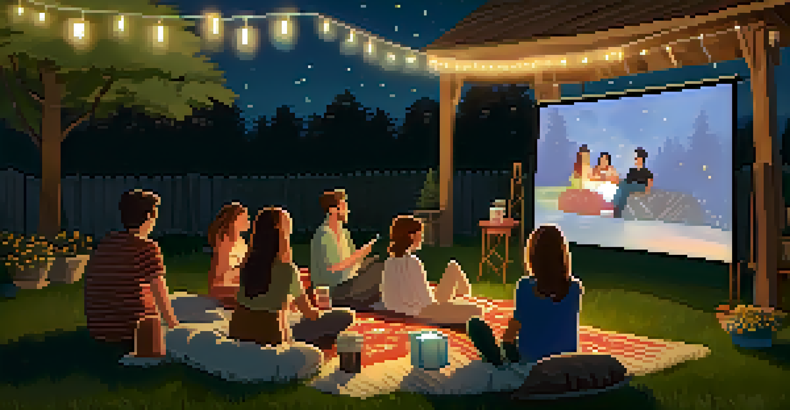 An outdoor movie night setup with a projector screen, string lights, and friends enjoying the film in a backyard.