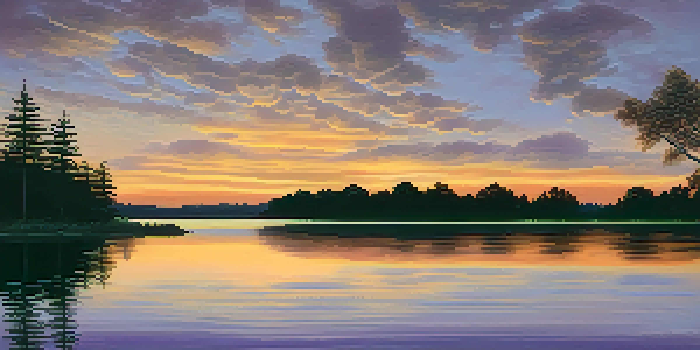 A peaceful sunset over a lake with golden reflections and silhouetted trees.