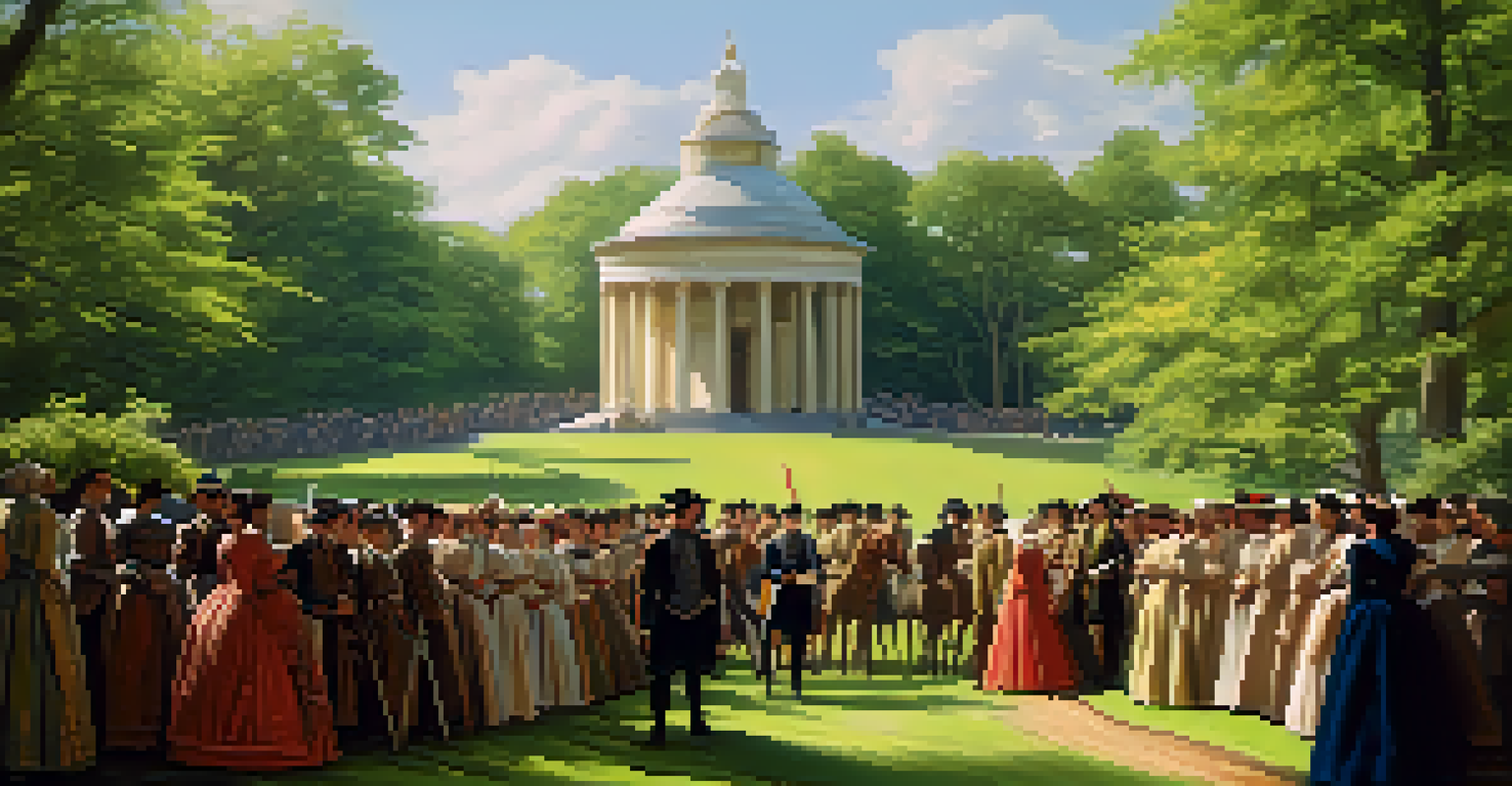 Actors in historical costumes performing a reenactment in a park setting.