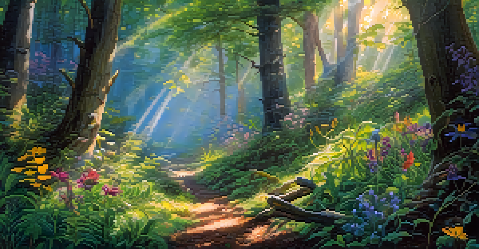 A magical forest filled with animated fairies and animals among realistic trees and flowers.