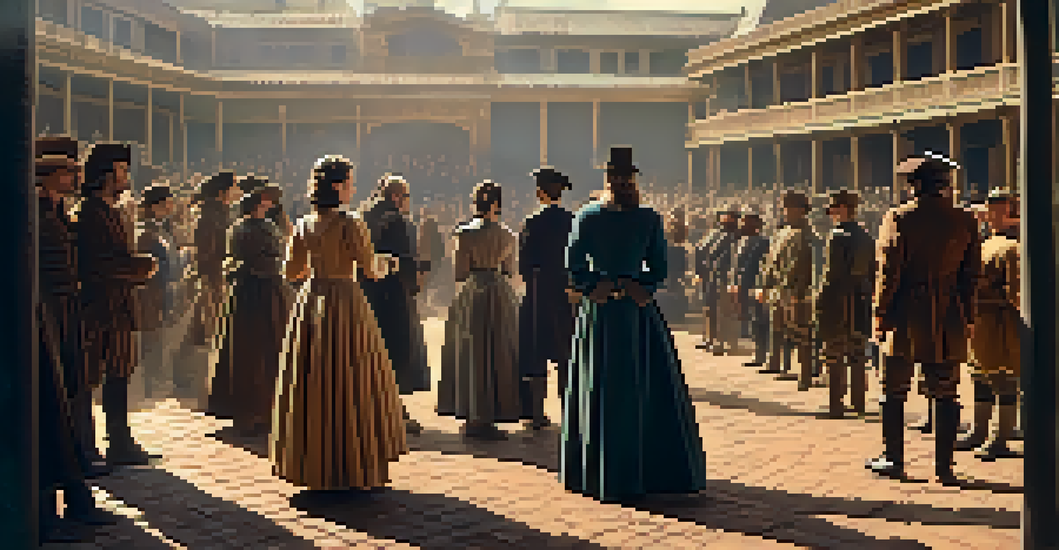 Actors in period costumes on a film set reenacting a historical event.