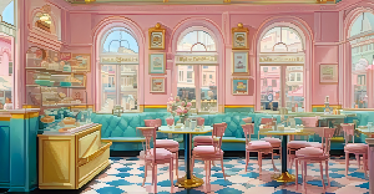 A whimsical café interior with pastel colors and vintage decor, creating a cheerful atmosphere.