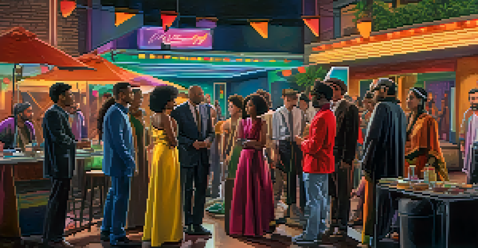 A diverse group of modern actors on a colorful film set, preparing for a scene with cameras and crew members around.