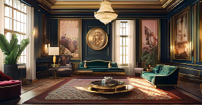 A lavish 1920s art deco mansion interior with geometric patterns, rich colors, and elegant furnishings, enhanced by soft golden lighting.
