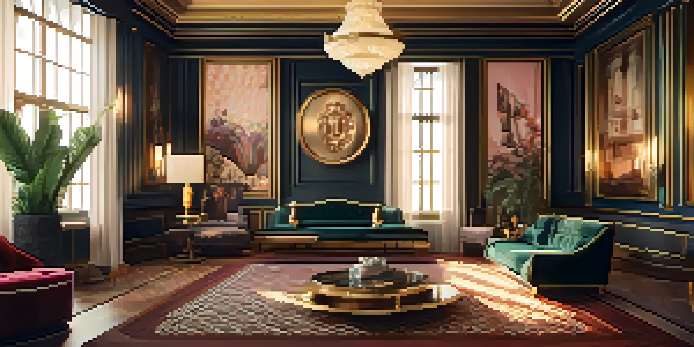 A lavish 1920s art deco mansion interior with geometric patterns, rich colors, and elegant furnishings, enhanced by soft golden lighting.