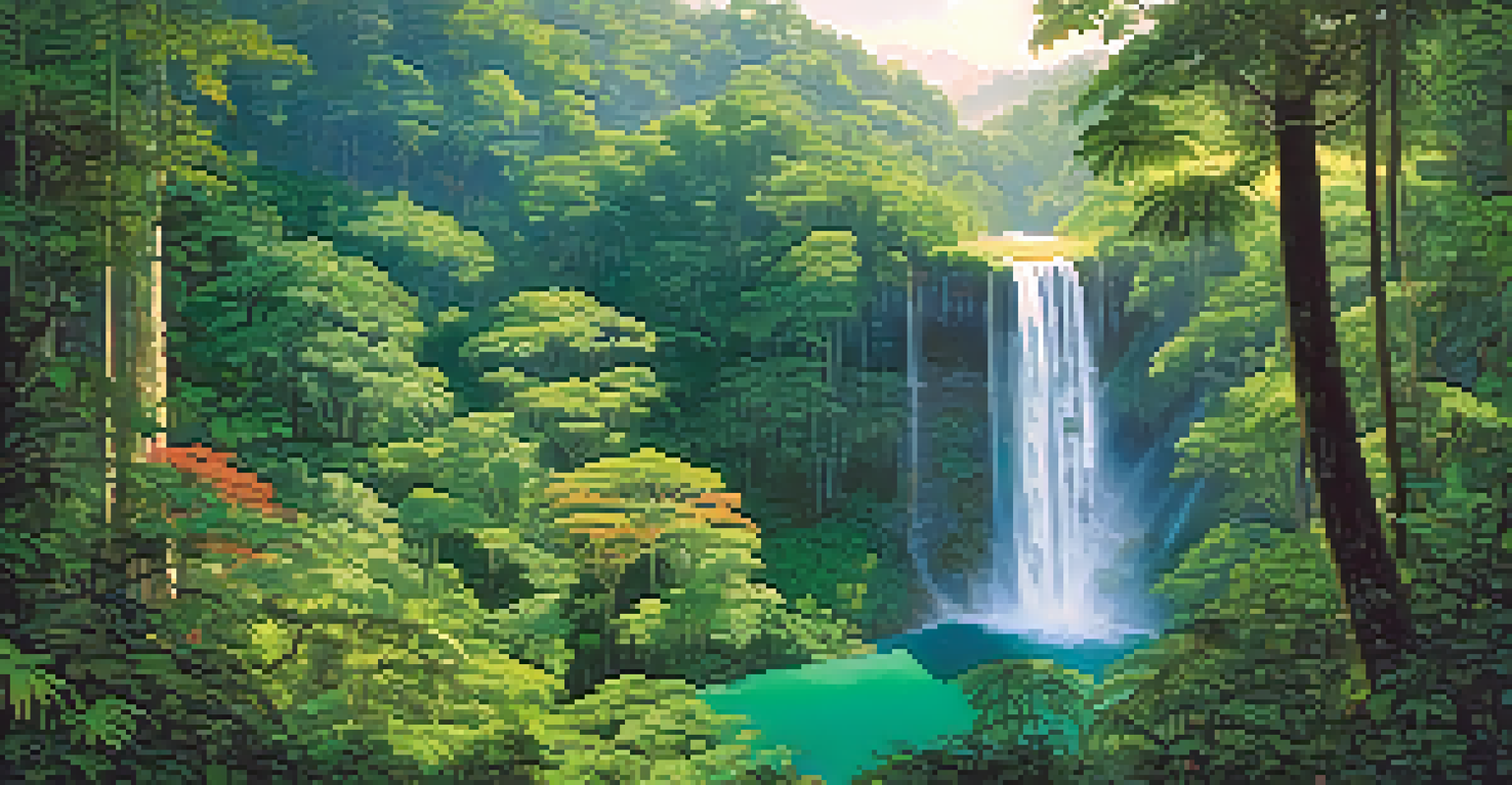 Aerial view of a lush rainforest with a waterfall and sunlight filtering through the trees.