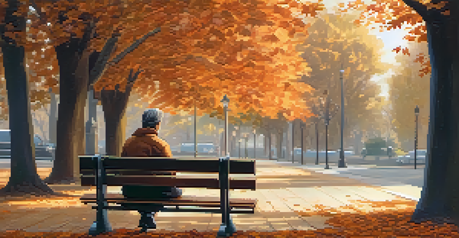 An animated character sits on a park bench surrounded by autumn leaves, looking thoughtful in warm, muted colors.