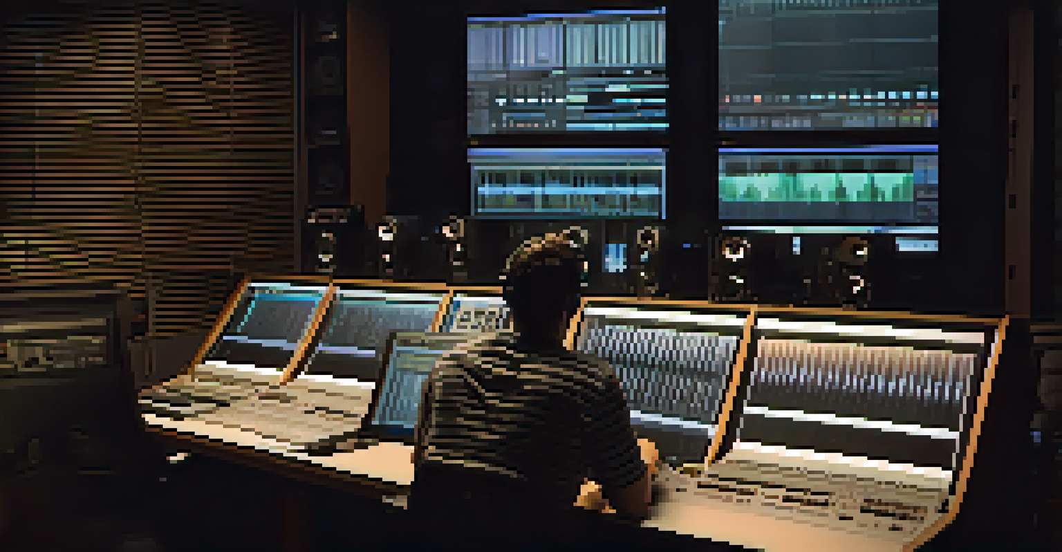 A close-up shot of a film editing room with a sound designer working on a digital audio workstation, surrounded by audio equipment and screens.