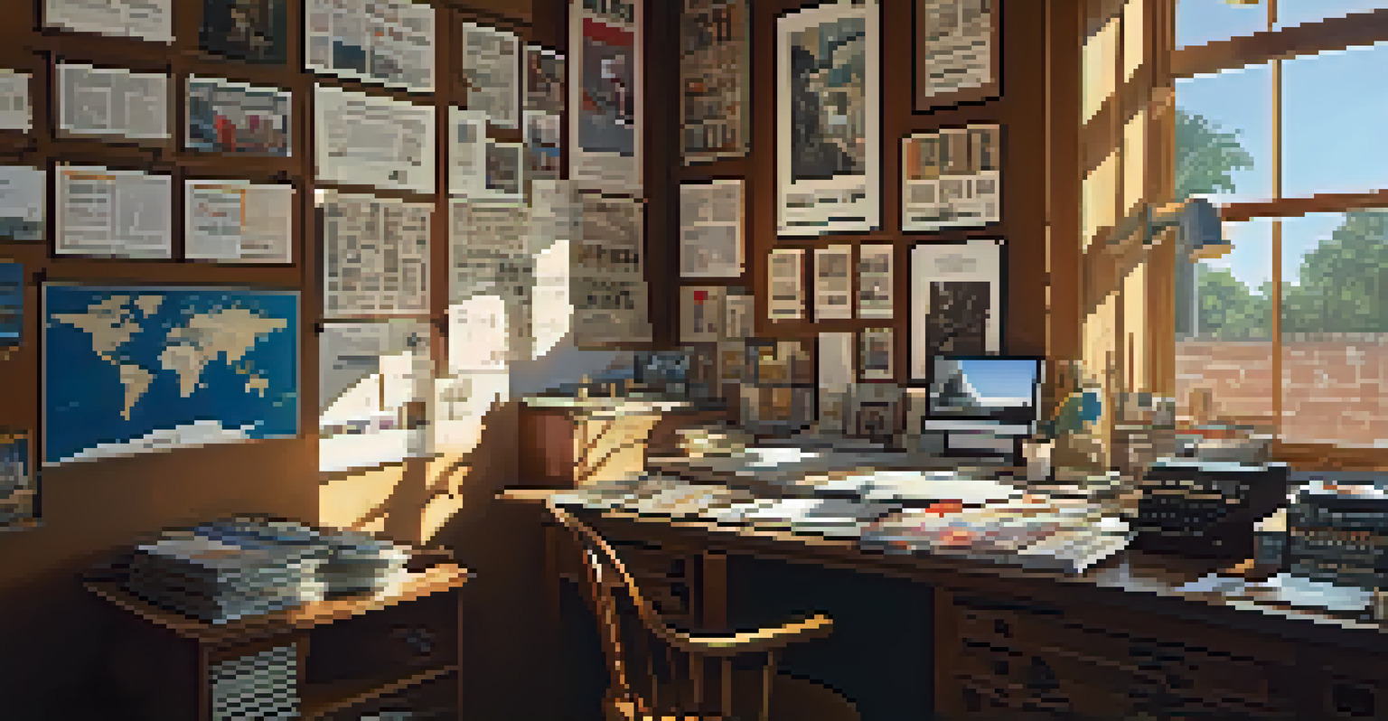 A creative workspace showcasing film scripts and artifacts from different cultures, illuminated by warm sunlight.