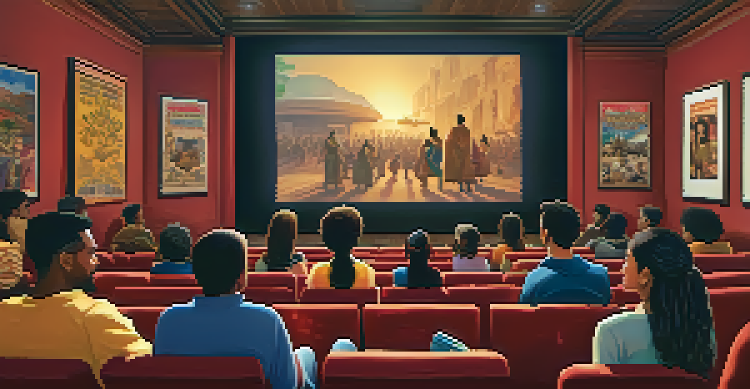 An intimate screening room with a diverse audience watching a film on a large screen, surrounded by warm lighting and cultural movie posters.