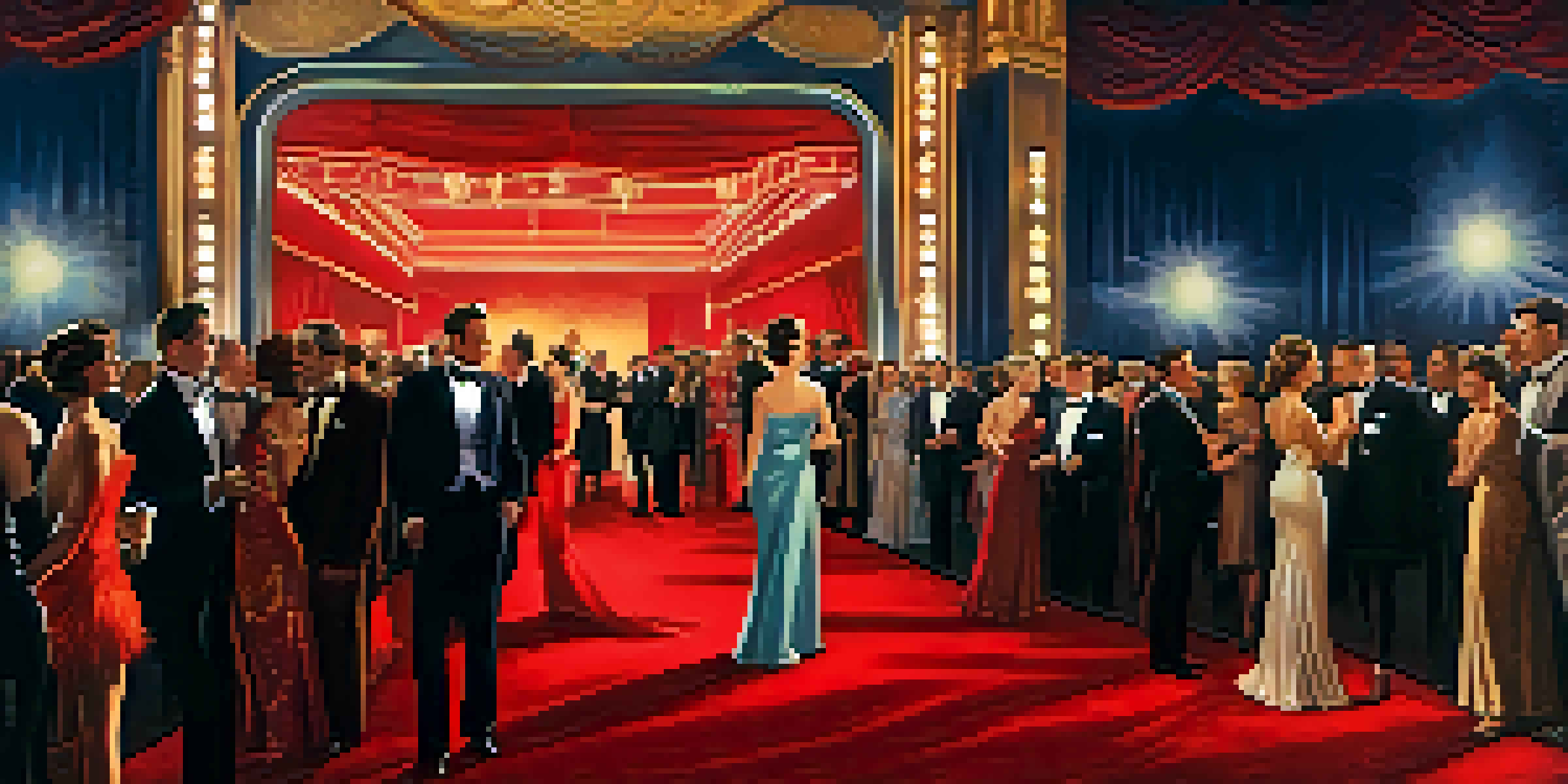 A 1920s vintage Hollywood film premiere scene with elegantly dressed people on a red carpet and a brightly lit cinema marquee in the background.