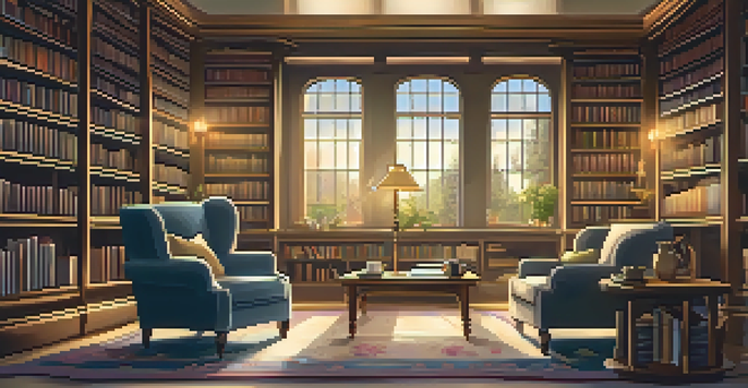 A warm and inviting library with bookshelves, a reading nook, and a cup of tea beside an open book.
