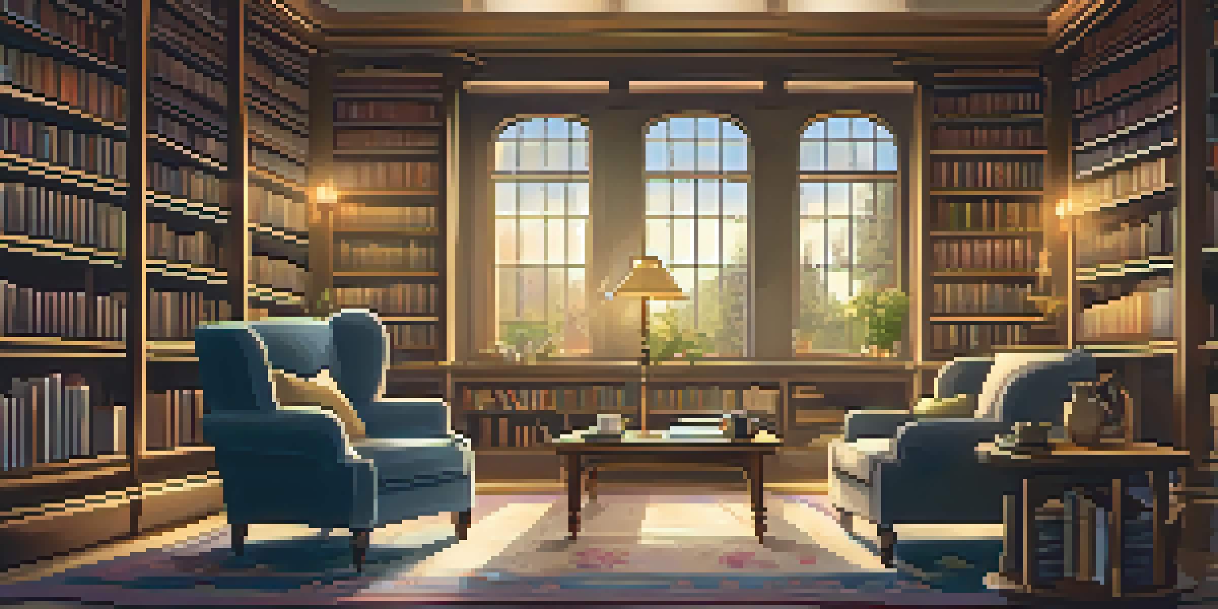 A warm and inviting library with bookshelves, a reading nook, and a cup of tea beside an open book.