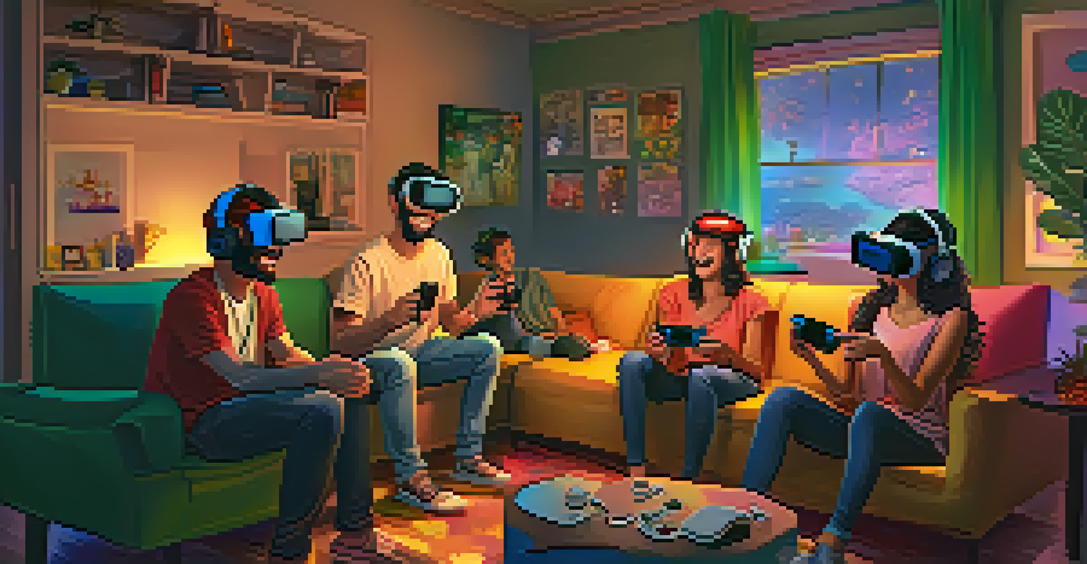 Friends enjoying a virtual reality gaming experience in a cozy living room, laughing and interacting with VR.