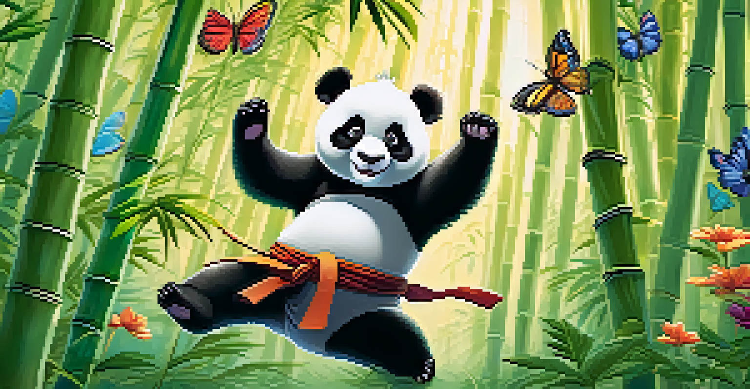 A cute animated panda practicing martial arts in a bamboo forest with colorful butterflies.