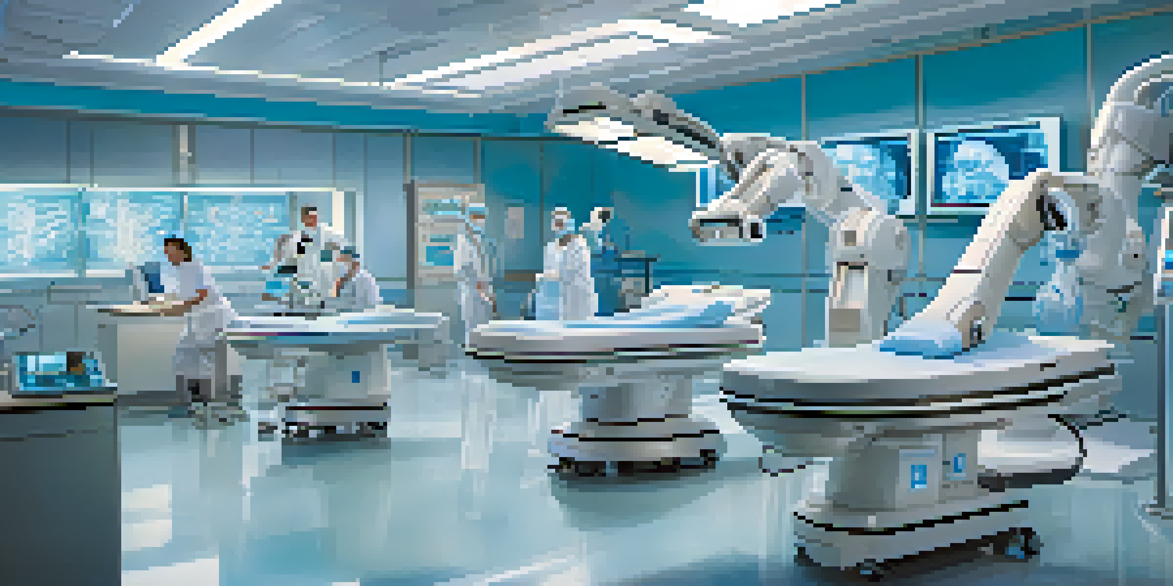 A futuristic medical facility featuring advanced robotic surgical tools with medical professionals observing the procedure.