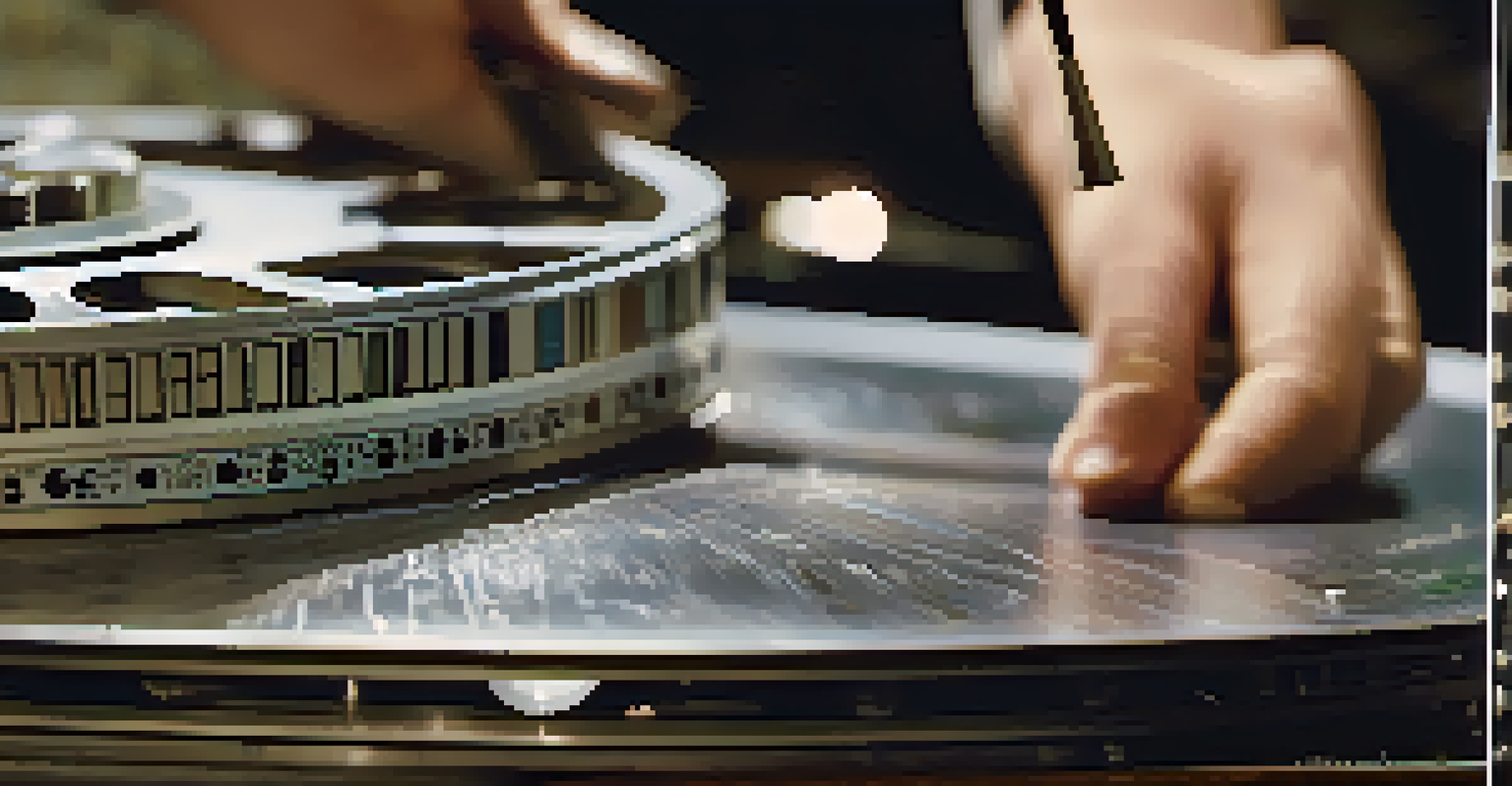 A close-up of a film reel being restored, showing scratches and dust particles, with tools in the background.