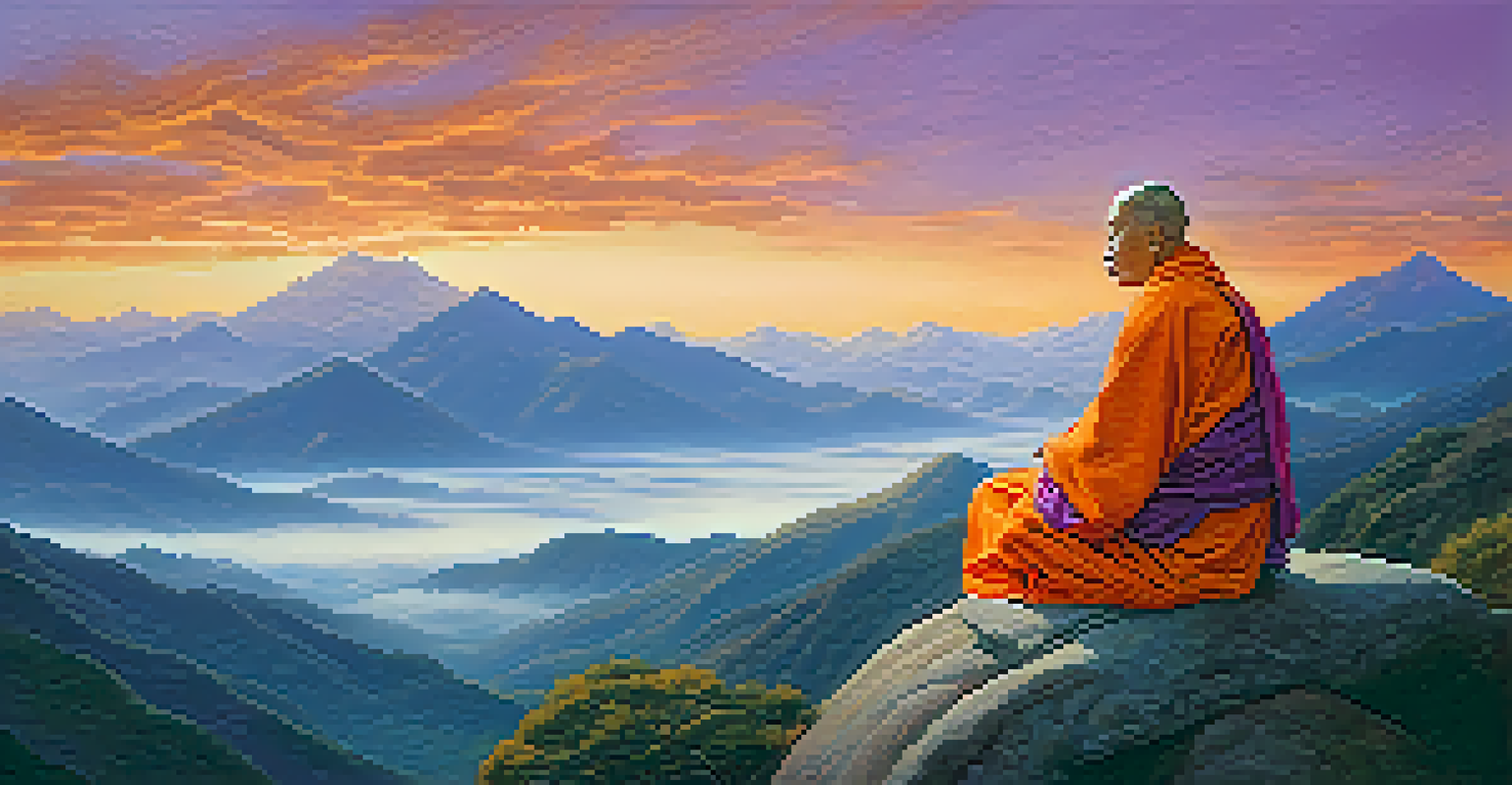 An elderly monk meditating on a mountaintop at sunrise, with vibrant colors in the sky and mountains in the background.