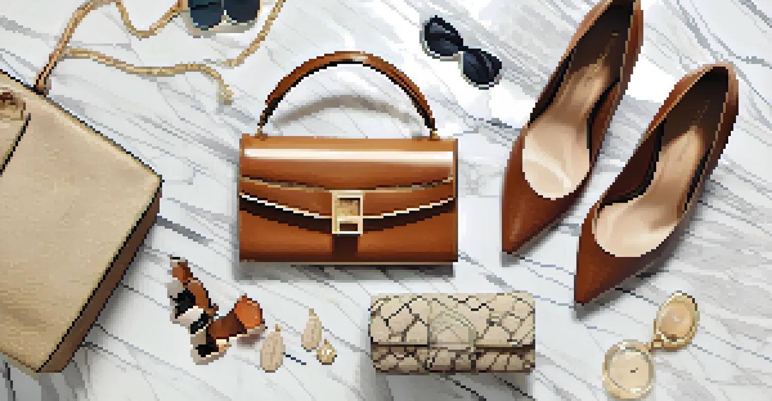 A stylish flat lay arrangement of a celebrity-inspired outfit with a handbag, shoes, and accessories on a marble background.
