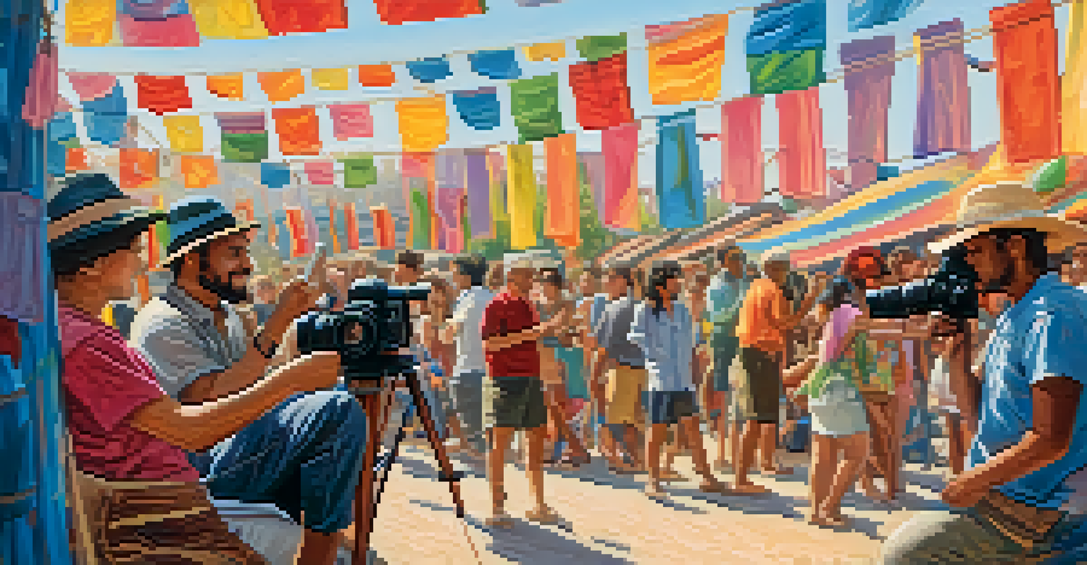 A filmmaker capturing footage of a lively community event outdoors with colorful decorations.