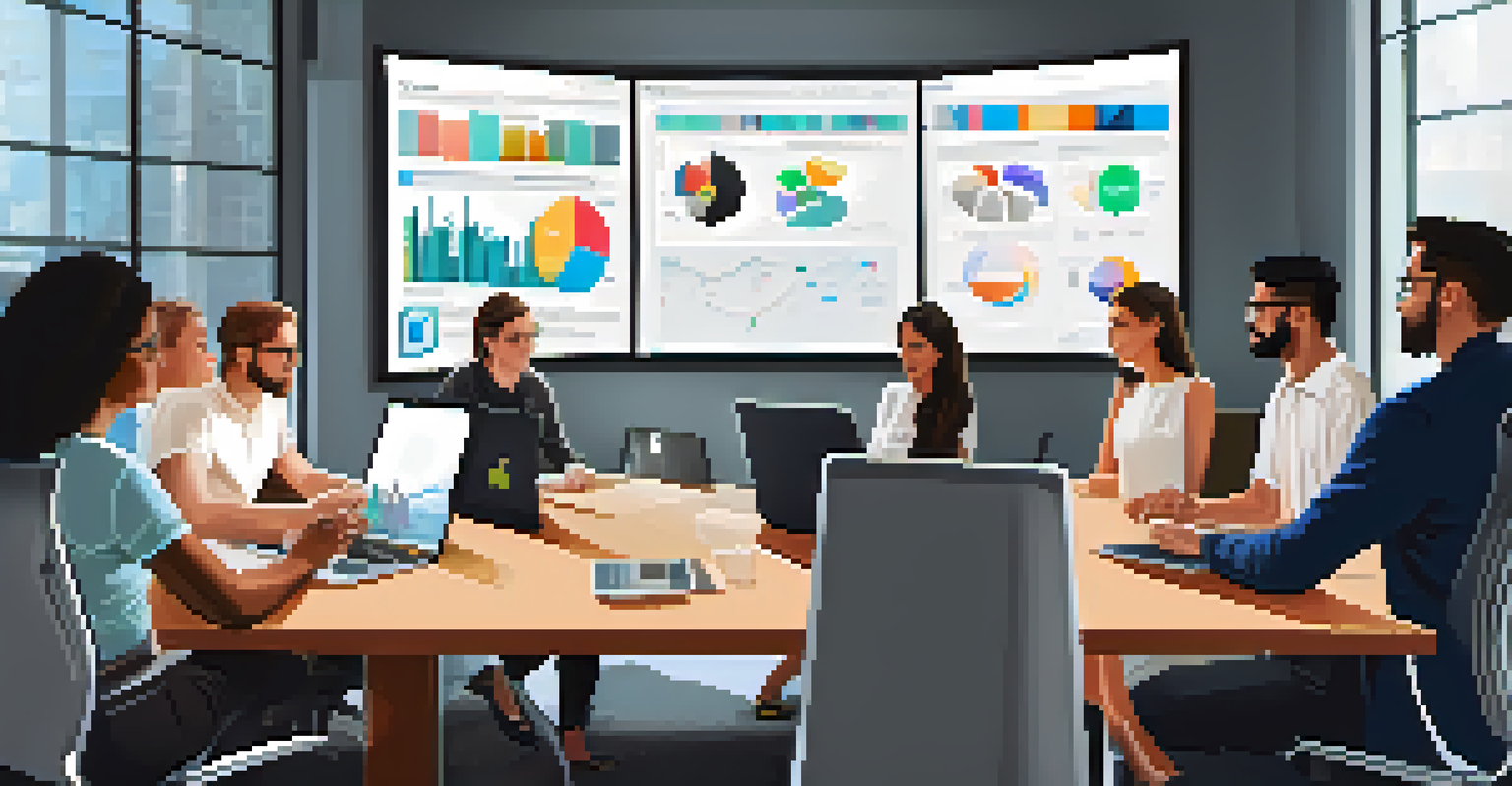 A diverse team of marketers collaborating in a bright, modern meeting room with digital marketing strategies on display.