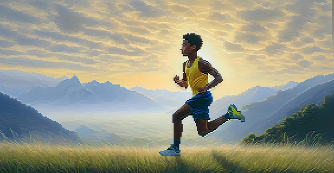 A young athlete training in a misty mountain landscape at sunrise, showing determination and resilience.
