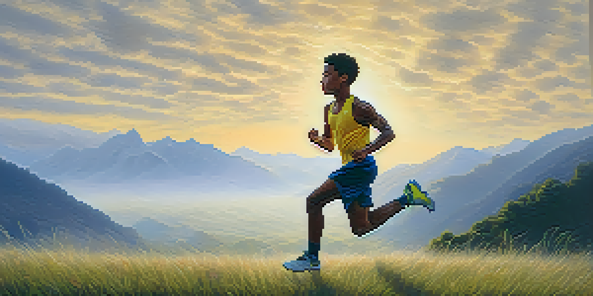 A young athlete training in a misty mountain landscape at sunrise, showing determination and resilience.