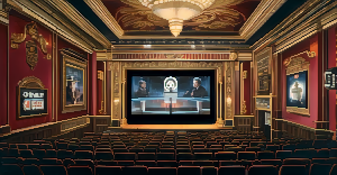 A vintage cinema hall with ornate decorations and a film reel projecting political imagery, with an engaged audience.