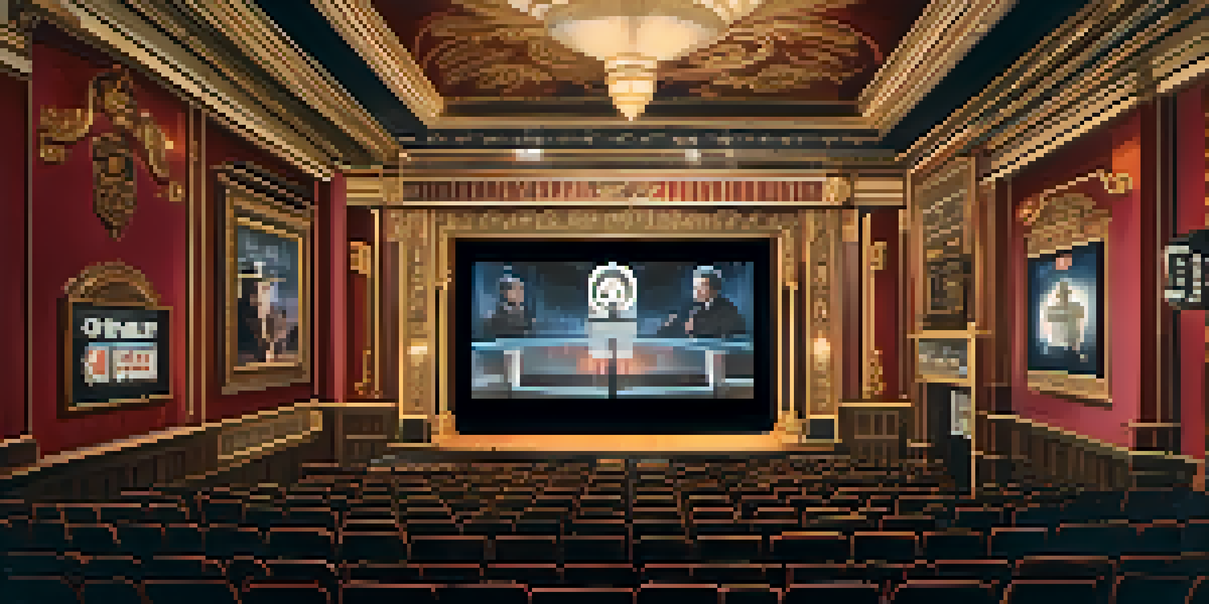 A vintage cinema hall with ornate decorations and a film reel projecting political imagery, with an engaged audience.